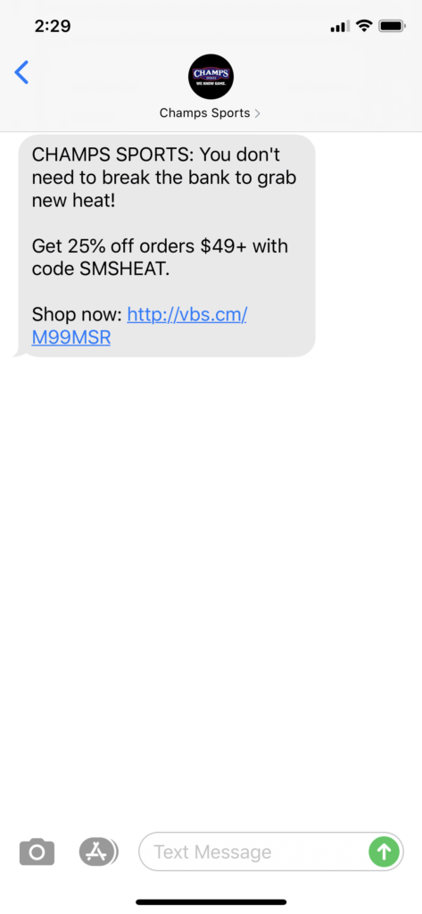 Champs Sports Text Message Marketing Example - 07.25.2020