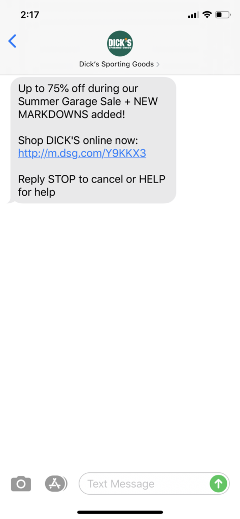 Dick’s Sporting Goods Text Message Marketing Example - 07.17.2020