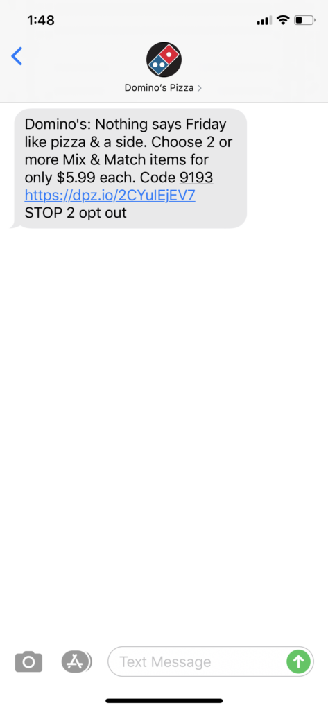 Domino’s Pizza Text Message Marketing Example - 07.10.2020