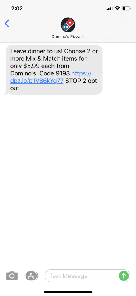 Domino’s Pizza Text Message Marketing Example - 07.22.2020