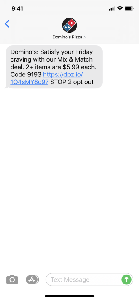 Domino’s Pizza Text Message Marketing Example - 07.24.2020