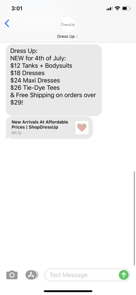 Dress Up Text Message Marketing Example - 07.06.2020