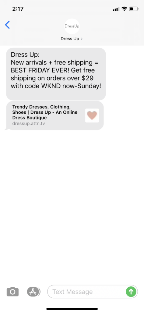 Dress Up Text Message Marketing Example - 07.17.2020