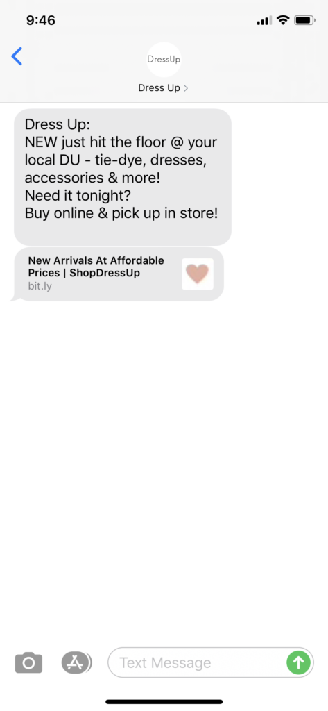 Dress Up Text Message Marketing Example - 07.24.2020