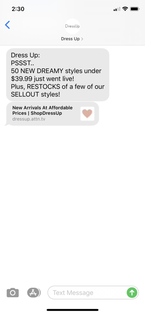 Dress Up Text Message Marketing Example - 07.25.2020