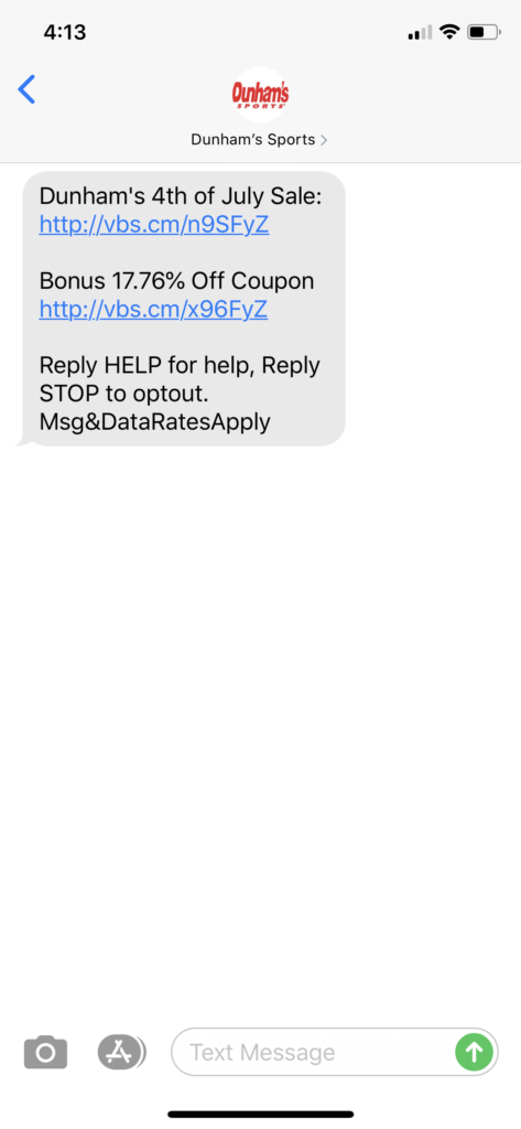 Dunham’s Sports Text Message Marketing Example - 07.03.2020