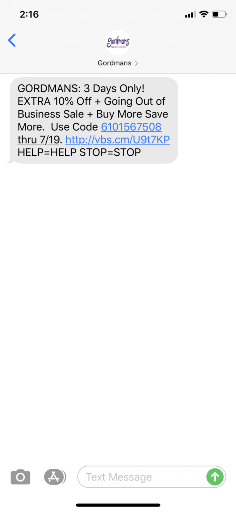 Gordmans Text Message Marketing Example - 07.17.2020
