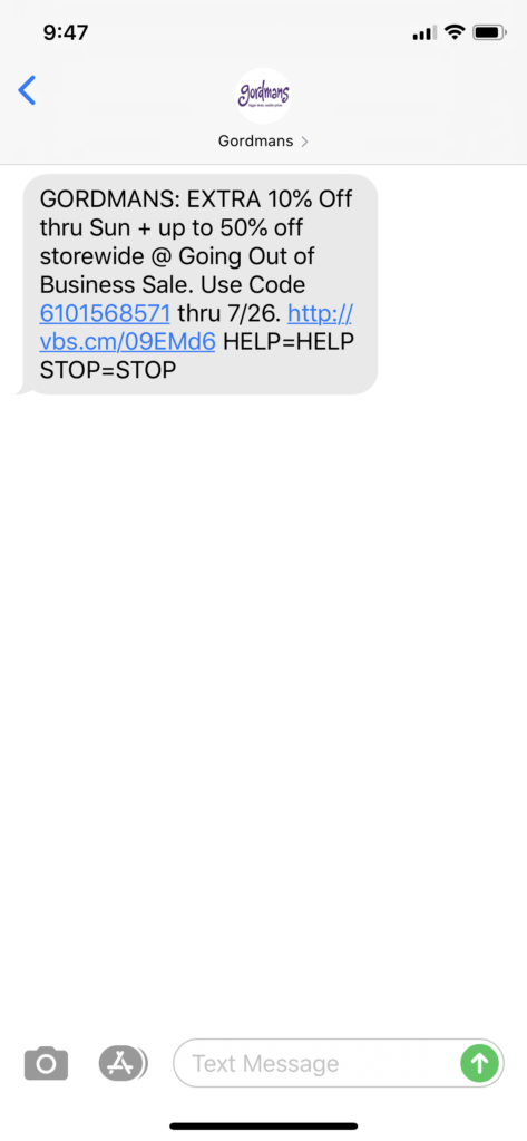 Gordmans Text Message Marketing Example - 07.24.2020