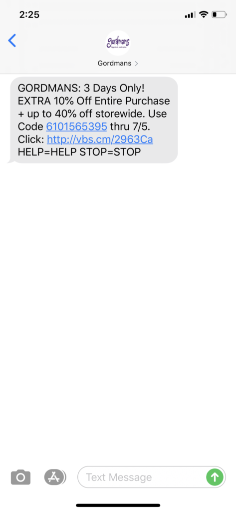 Gordman’s Text Message Marketing Example - 07.03.2020