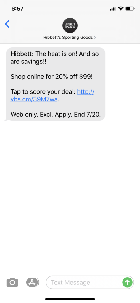 Hibbett’s Sporting Goods Text Message Marketing Example - 07.20.2020