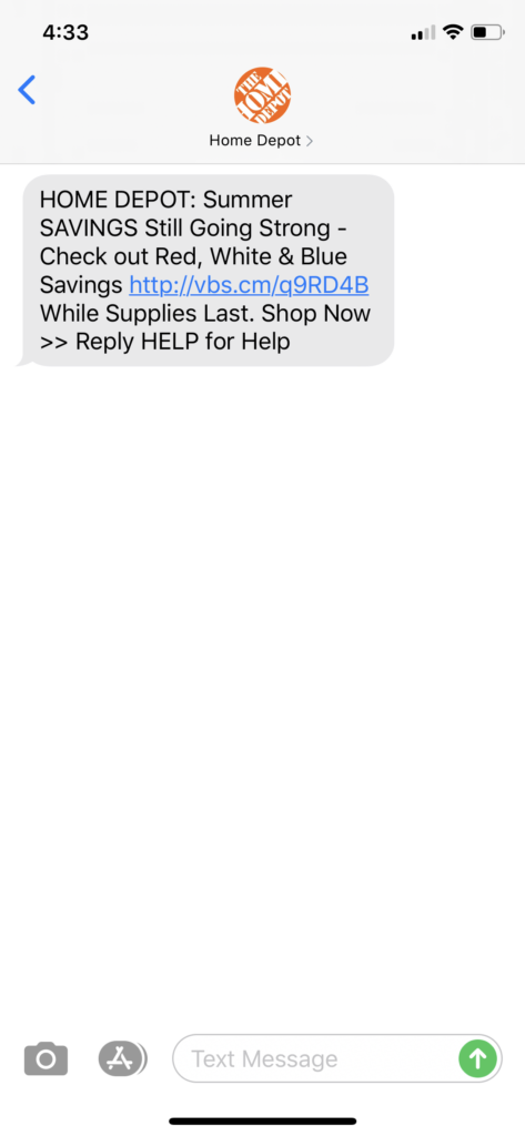 Home Depot Text Message Marketing Example - 06.23.2020