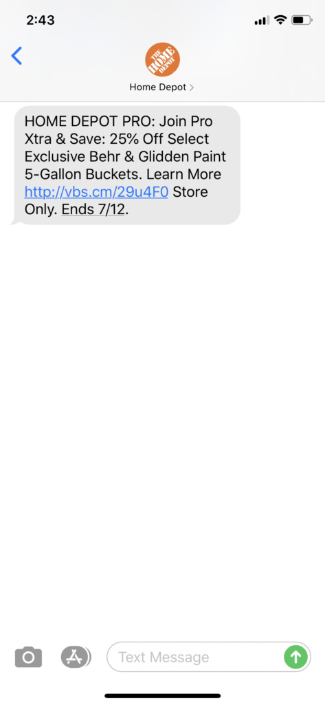 Home Depot Text Message Marketing Example - 07.06.2020