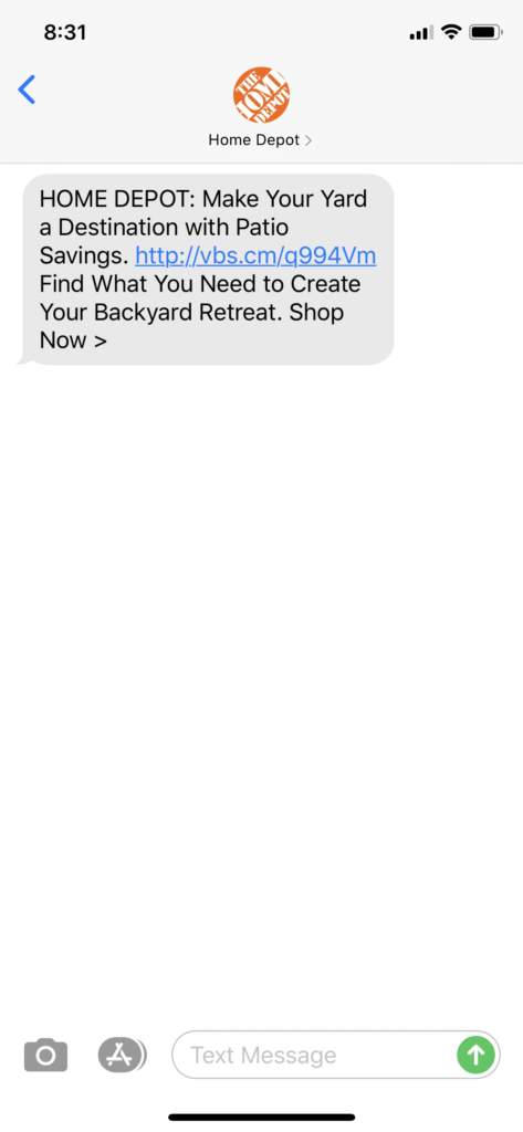 Home Depot Text Message Marketing Example - 07.09.2020