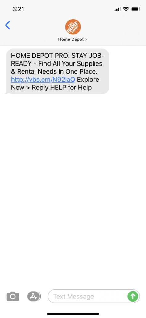 Home Depot Text Message Marketing Example - 07.13.2020