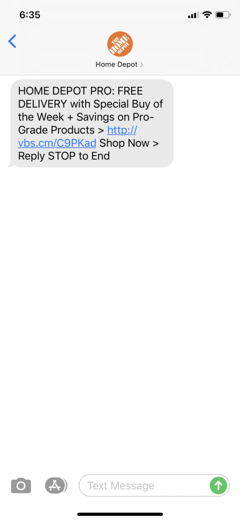 Home Depot Text Message Marketing Example - 07.21.2020