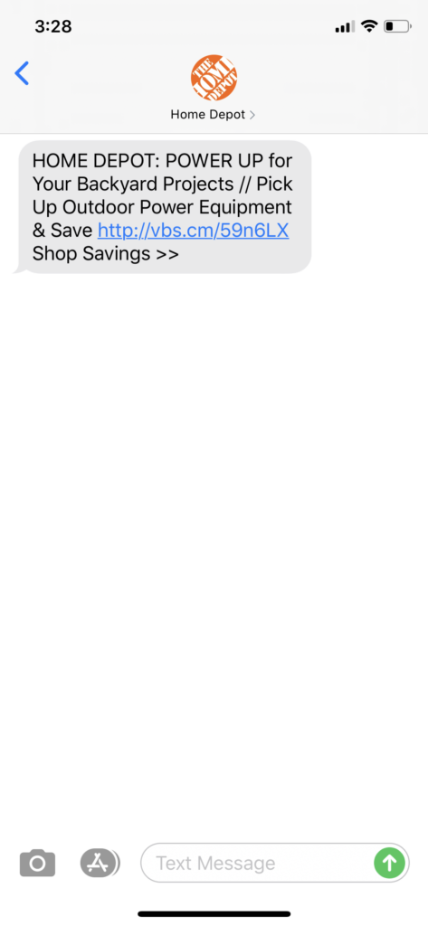 Home Depot Text Message Marketing Example2 - 07.16.2020