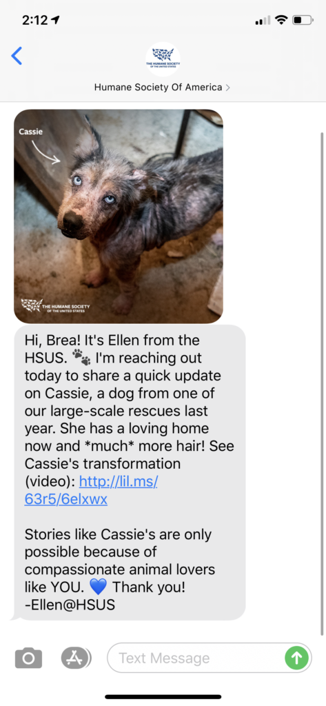 Humane Society of America Text Message Marketing Example - 07.17.2020