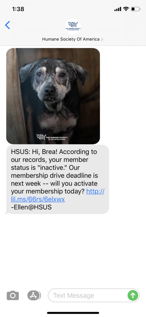 Humane Society of America Text Message Marketing Example - 07.23.2020