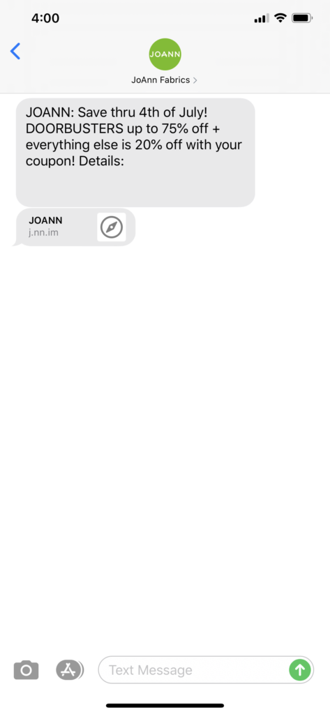 JoAnn Fabrics Text Message Marketing Example - 07.02.2020