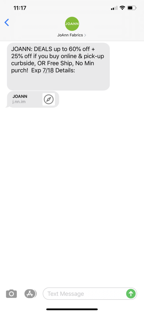 JoAnn Fabrics Text Message Marketing Example - 07.16.2020