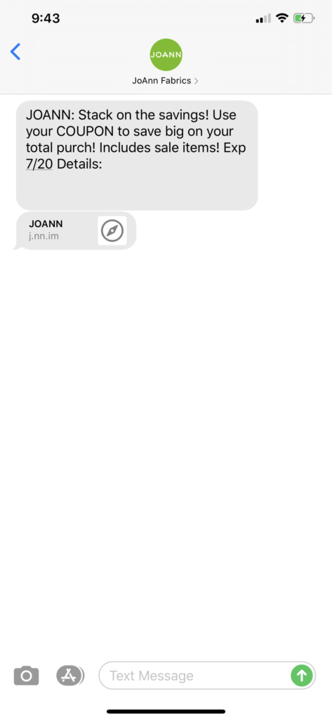 JoAnn Fabrics Text Message Marketing Example - 07.19.2020