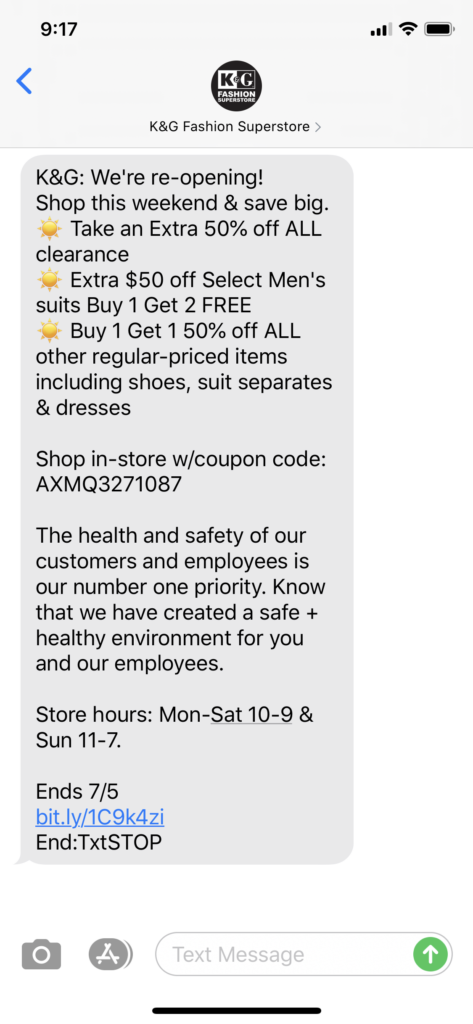 KG Superstores Text Message Marketing Example - 07.02.2020