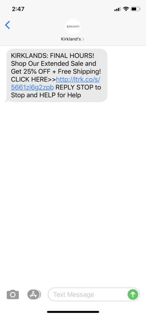 Kirkland’s Text Message Marketing Example - 07.06.2020
