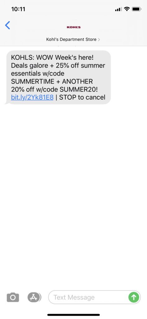 Kohl’s Text Message Marketing Example - 06.23.2020