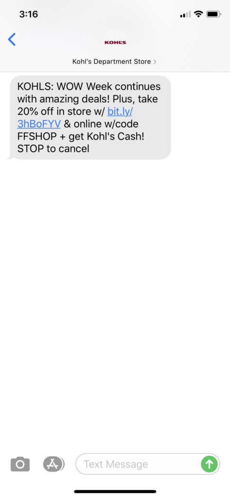 Kohl’s Text Message Marketing Example - 06.26.2020