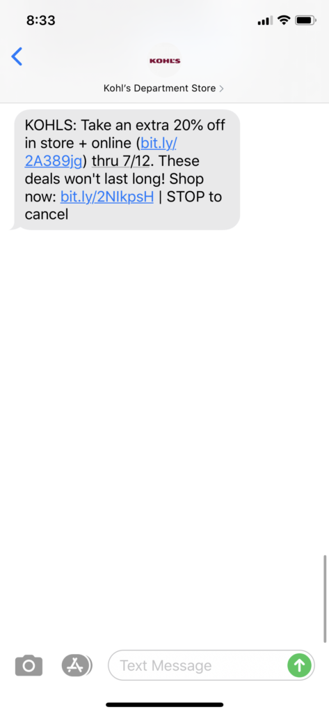 Kohl’s Text Message Marketing Example - 07.09.2020