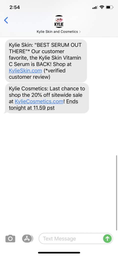 Kylie Skin Text Message Marketing Example - 07.06.2020