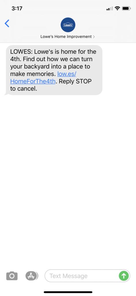 Lowe’s Home Improvement Text Message Marketing Example - 06.26.2020
