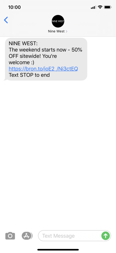 Nine West Text Message Marketing Example - 06.29.2020