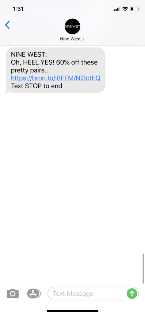 Nine West Text Message Marketing Example - 07.10.2020