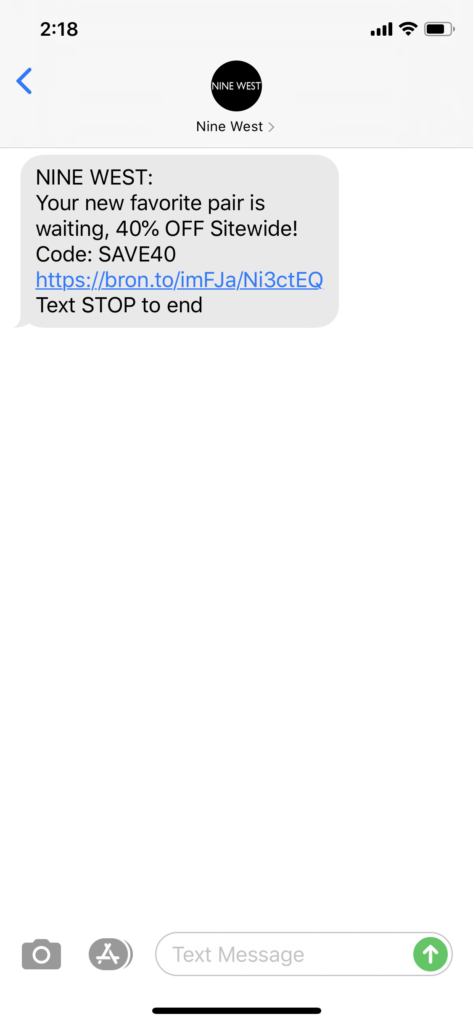 Nine West Text Message Marketing Example - 07.14.2020