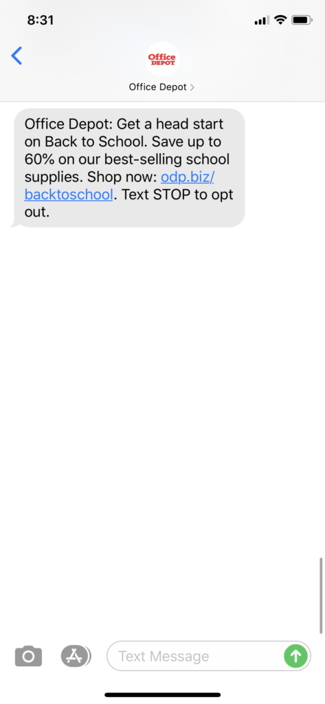 Office Depot Text Message Marketing Example - 07.09.2020