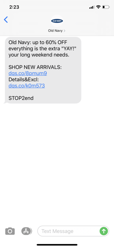Old Navy Text Message Marketing Example - 07.12.2020