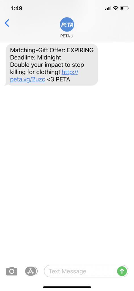PETA Text Message Marketing Example - 07.10.2020