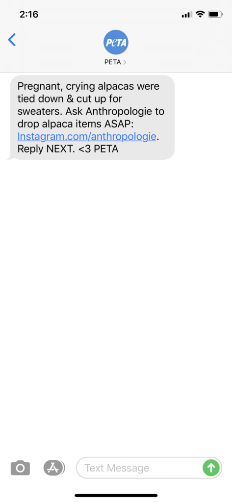 PETA Text Message Marketing Example - 07.14.2020