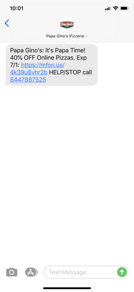 Papa Gino’s Pizzeria Text Message Marketing Example - 06.29.2020