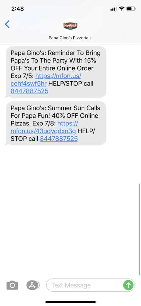 Papa Gino’s Pizzeria Text Message Marketing Example - 07.06.2020