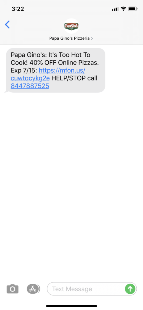 Papa Gino’s Pizzeria Text Message Marketing Example - 07.13.2020