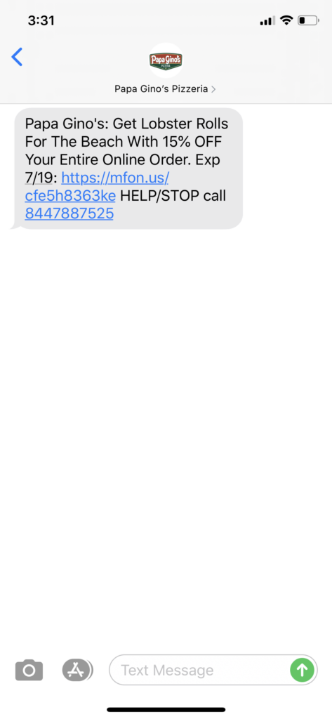 Papa Gino’s Pizzeria Text Message Marketing Example - 07.16.2020
