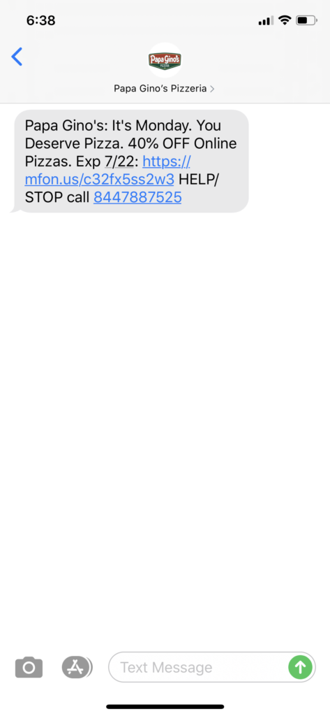 Papa Gino’s Pizzeria Text Message Marketing Example - 07.21.2020