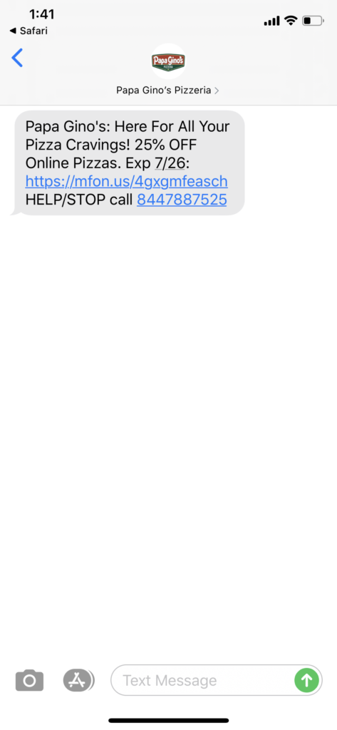 Papa Gino’s Pizzeria Text Message Marketing Example - 07.23.2020