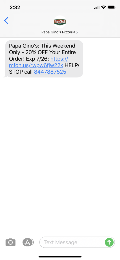 Papa Gino’s Pizzeria Text Message Marketing Example - 07.25.2020