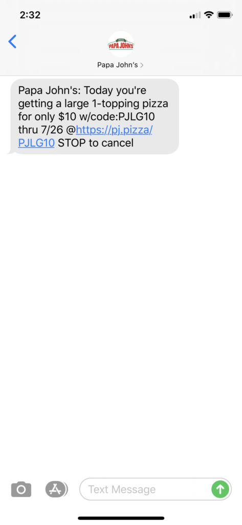 Papa John’s Text Message Marketing Example - 07.25.2020
