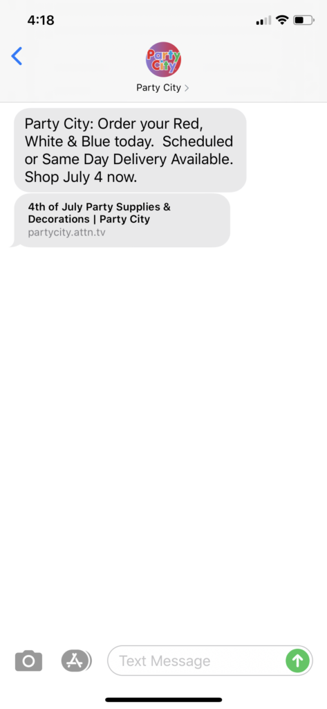 Party City Text Message Marketing Example - 07.02.2020