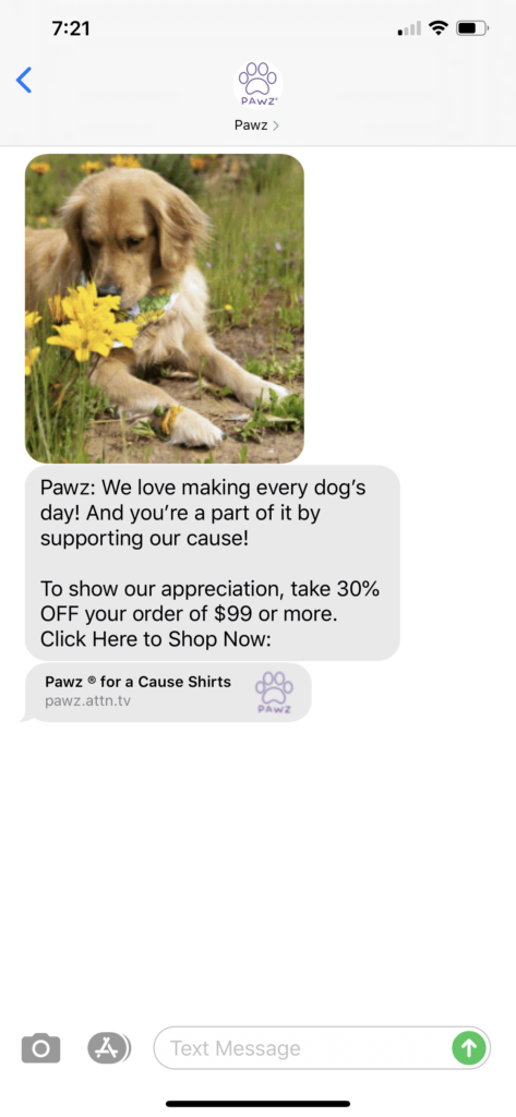 Pawz Text Message Marketing Example - 07.09.2020