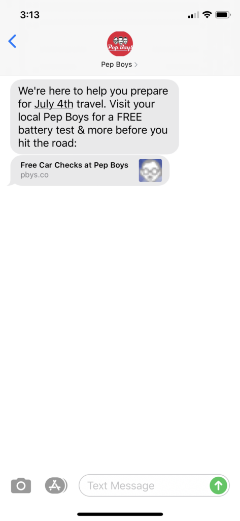 Pep Boys Text Message Marketing Example - 06.26.2020